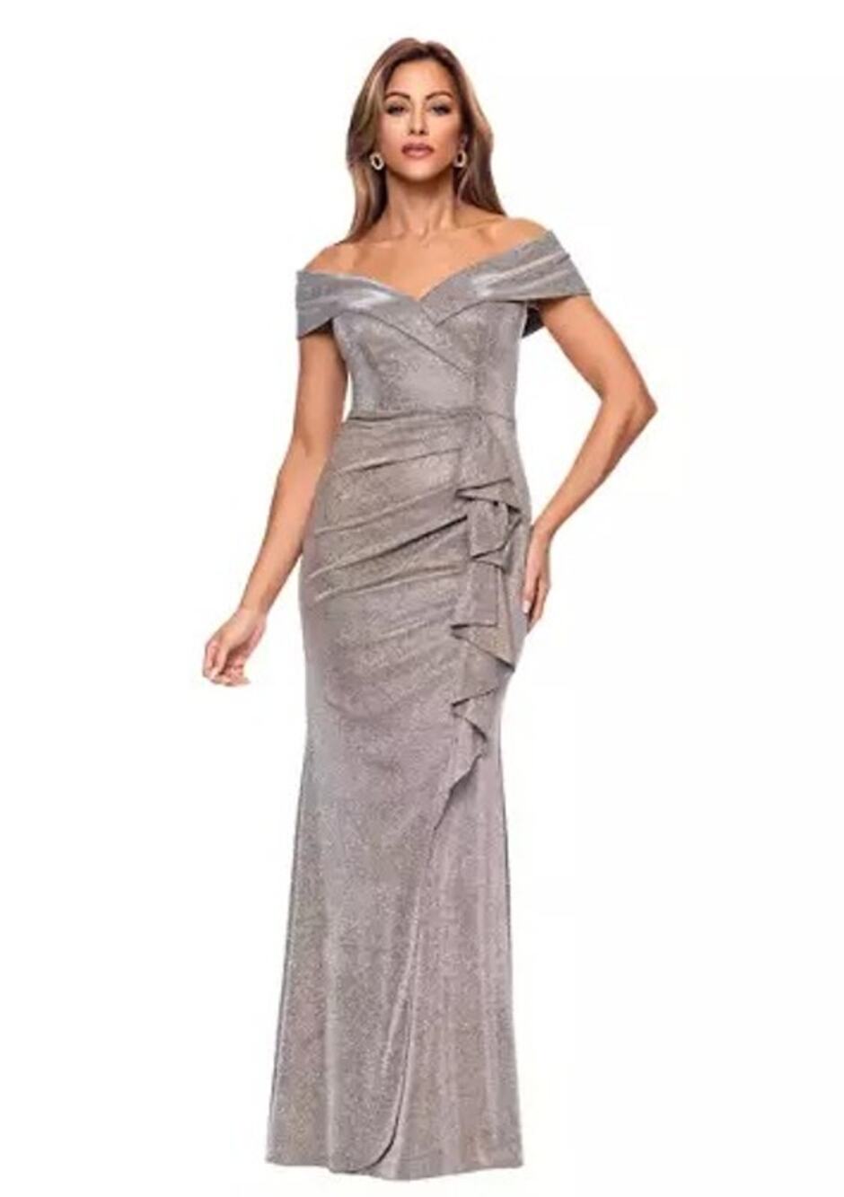 NWT Xscape Off the Shoulder Ruffle Front Glitter Knit Gown Size 8